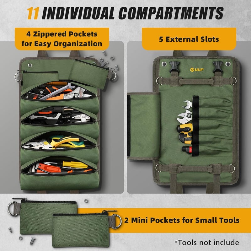 UUP Tool Bag Roll Up, Heavy Duty Portable Soft Tool Storage, Foldable Empty Rollup Organizer with Small Pockets, Official Rollable Toolbag, Valentines Day Gifts for Him Dad Men Mechanic Welding, Green - Image 2